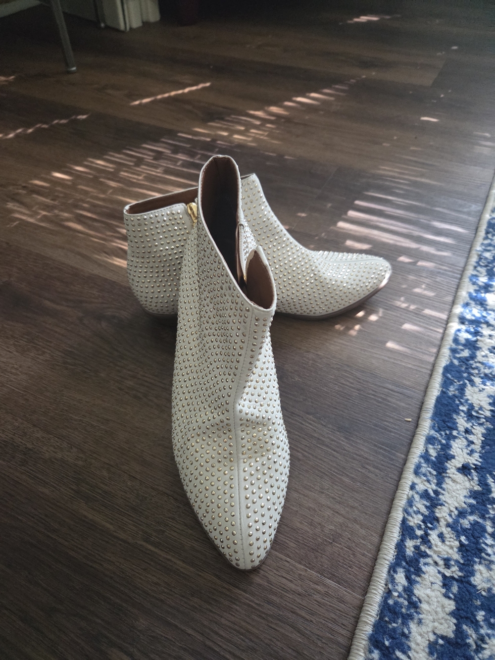 SCHUTZ Ivory Studded Pointed Ankle Booties with Gold Accents